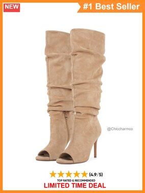 Peep Toe Slouch Knee High Boots Stiletto Heel Faux Suede